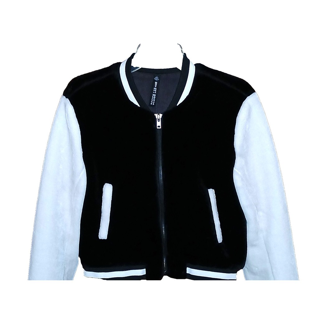 Design Lab Bomber Jacket Women Small Black White Rockabilly Faux Fur Varsity